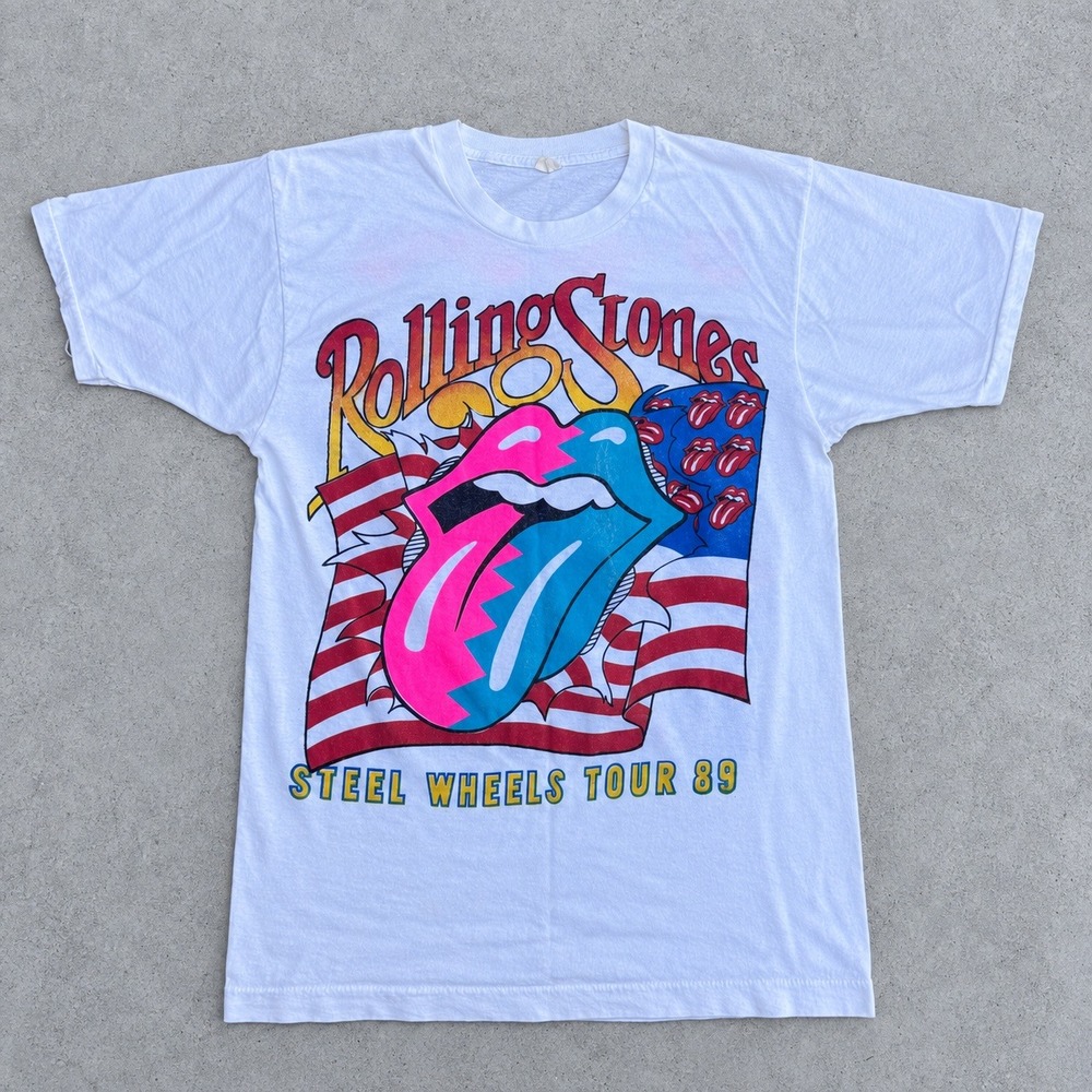 Vintage 80s 1989 Rolling Stones Steel Wheels Tour T-Shirt White Single Stitch